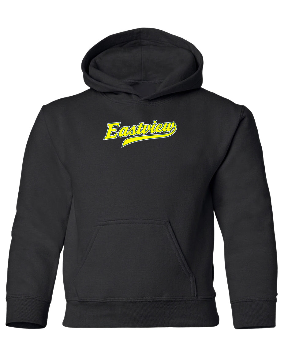 A black hooded sweatshirt with a yellow logo on the front.