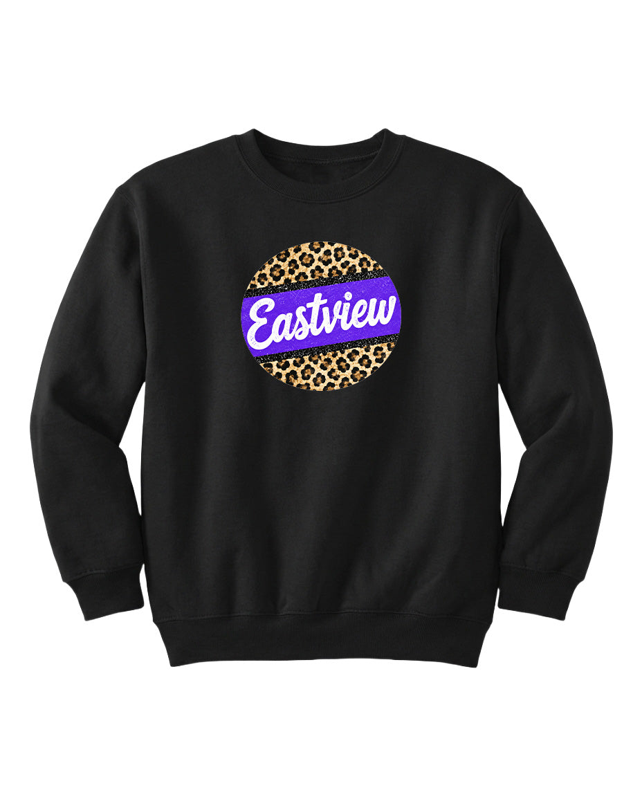 A black sweatshirt with a purple and leopard print circular logo on the front.