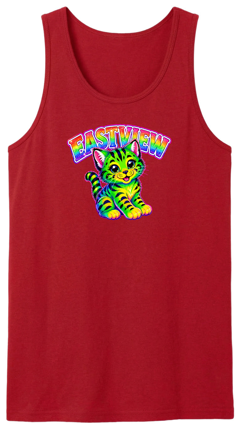 A red tank top with a colorful graphic of a cat and the text "EASTVIEW" printed on it.