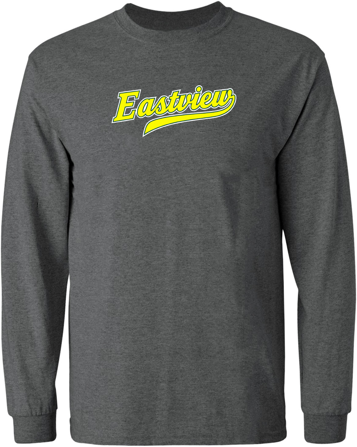 A gray long-sleeved shirt with the word "Eastview" printed in yellow on the front.