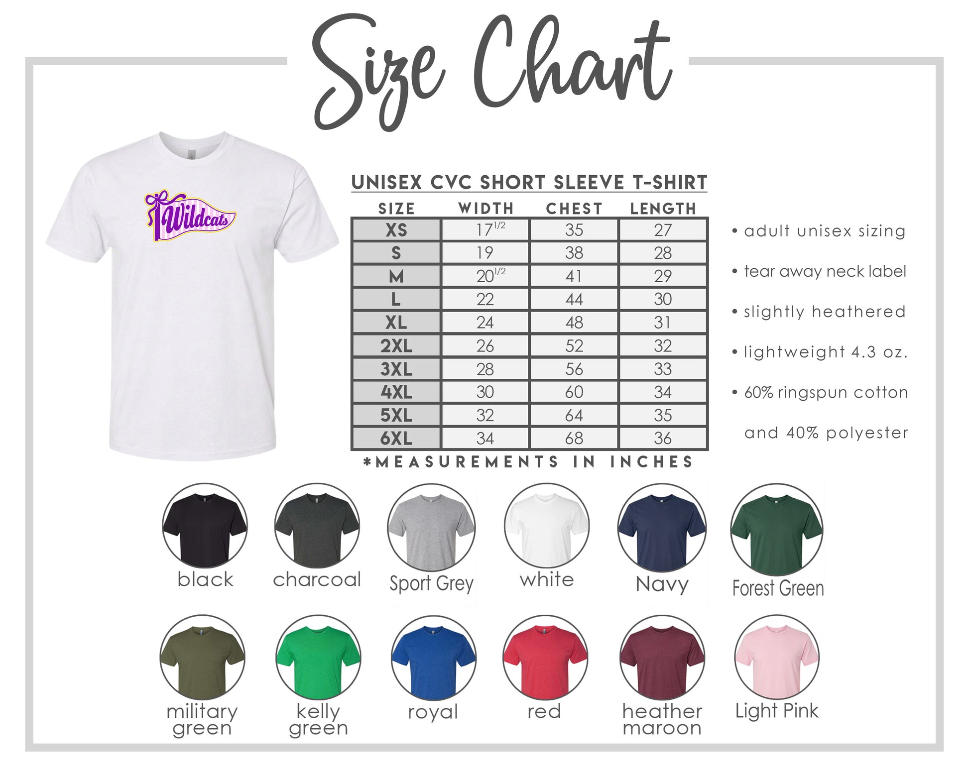 The image is a size chart for a white short sleeve t-shirt, including various color options and corresponding measurements in inches.