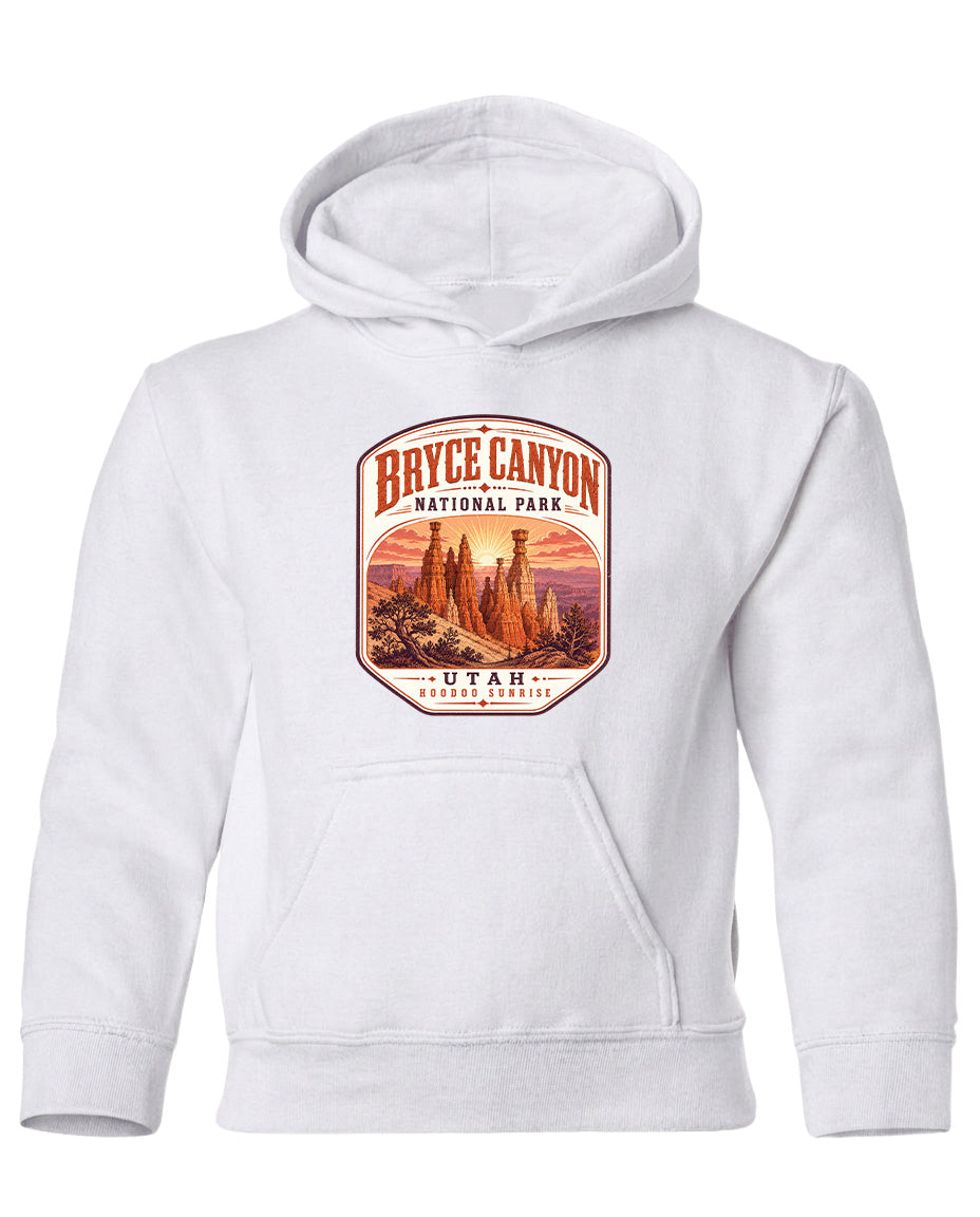 A white hoodie with a graphic design depicting the Bryce Canyon National Park in Utah.
