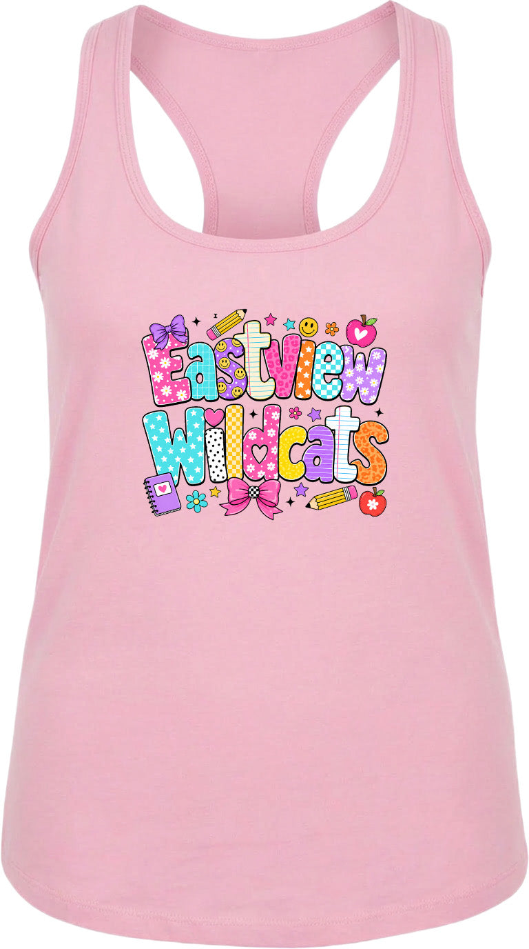 A pink tank top with a colorful graphic design featuring the text "Eastview Wildcats" and various cartoon-style illustrations.