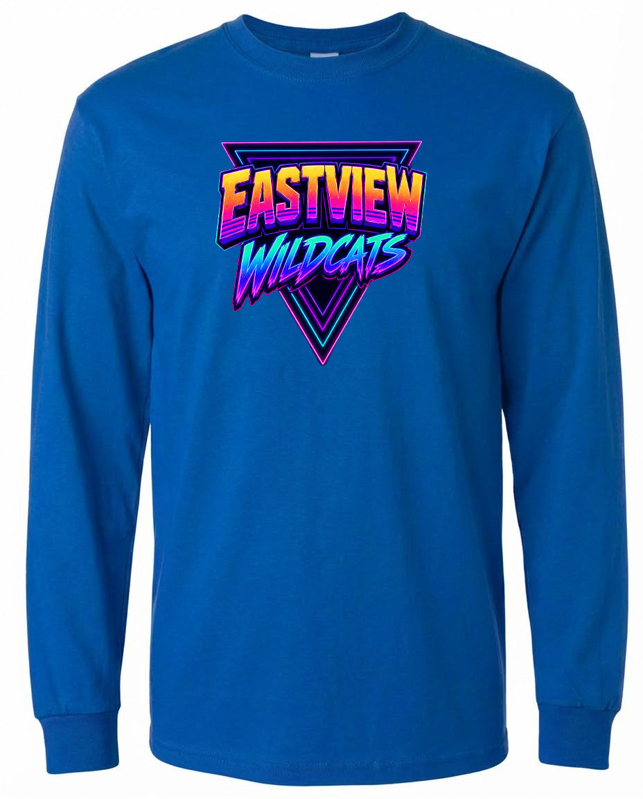 A blue long-sleeved shirt with a graphic design on the front.