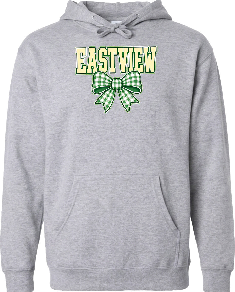 A gray hoodie with a green and white bow on the front.