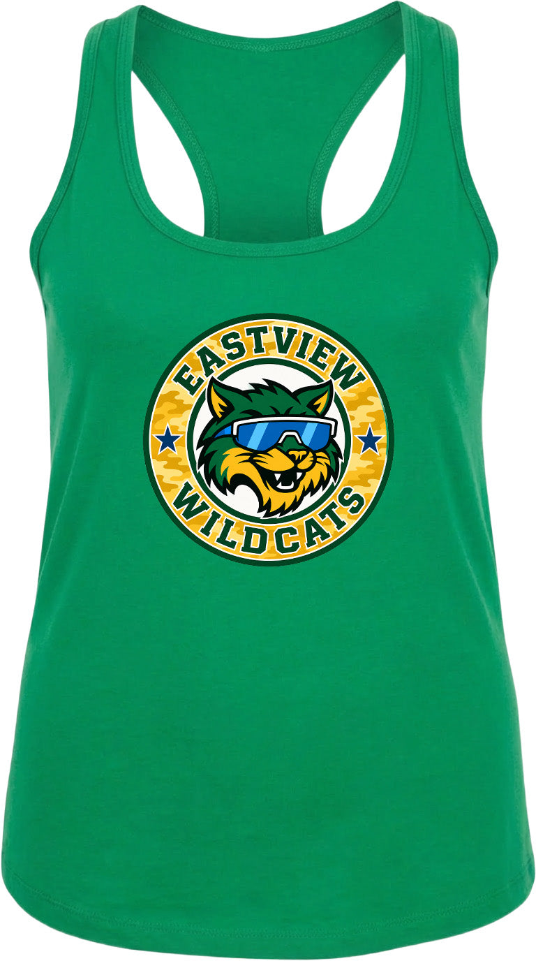 A green tank top with a graphic of a cat wearing sunglasses and the text "EASTVIEW WILDCATS" printed on it.