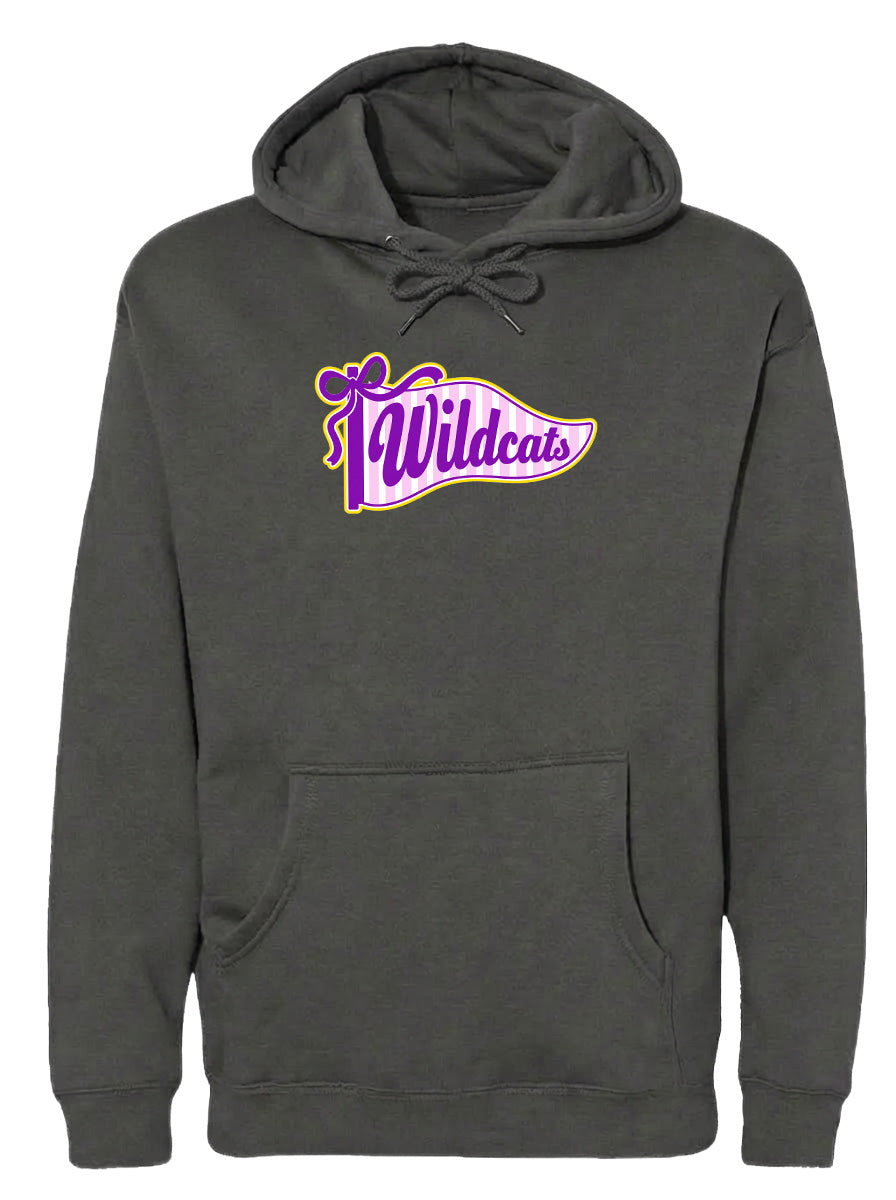 A gray hoodie with a graphic design featuring the word "Wildcats" in purple and yellow colors.