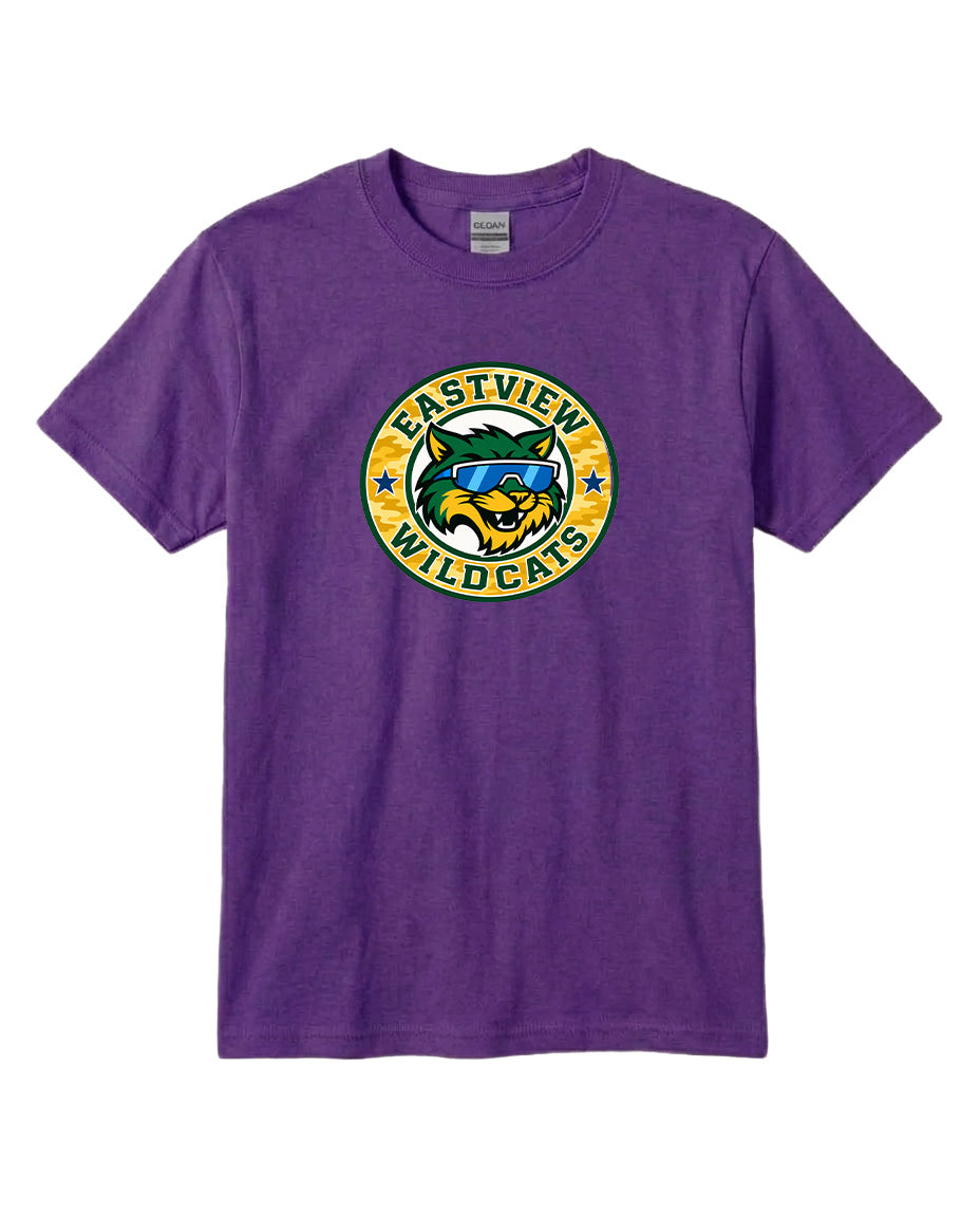 A purple t-shirt with a graphic design featuring a cartoon-like wildcat wearing sunglasses and the text "EASTVIEW WILD CAT" printed on it.