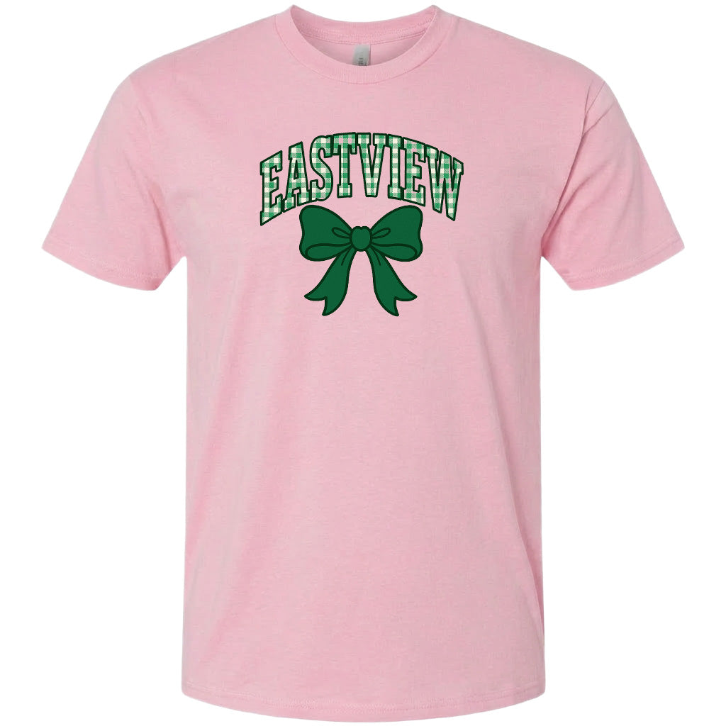 A pink t-shirt with a green bow and the word "EASTVIEW" printed on it.