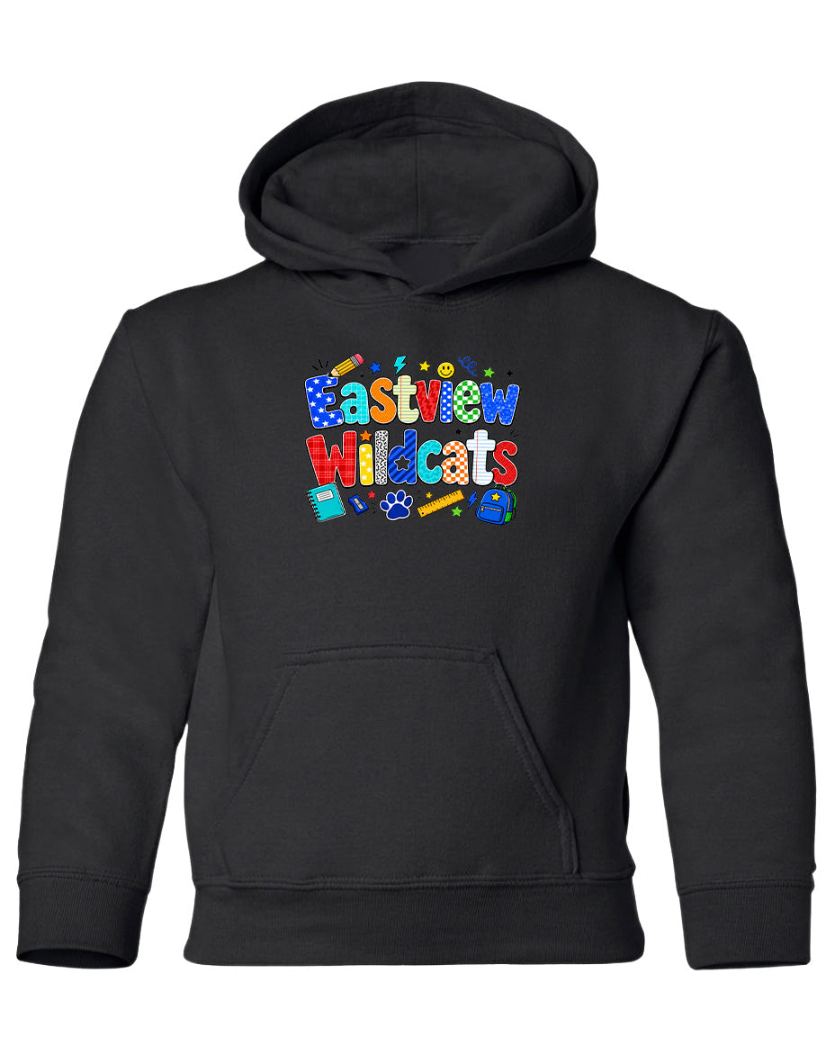 A black hoodie with a colorful graphic design on the front, featuring the text "Eastview Wildcats" and various school-related icons.