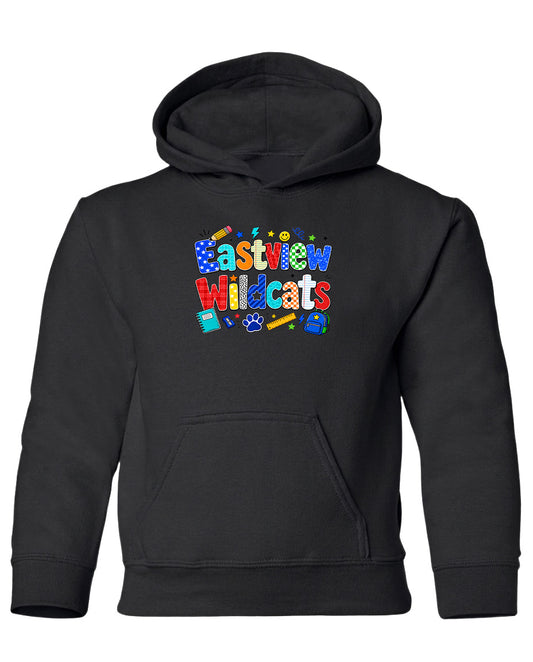 A black hoodie with a colorful graphic design on the front, featuring the text "Eastview Wildcats" and various school-related icons.