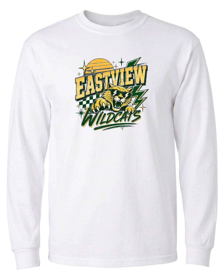 A white long-sleeved t-shirt with a graphic design featuring a stylized tiger or panther and the text "EASTVIEW WILDCATS" printed on it.