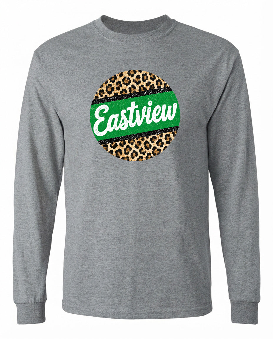 A gray long-sleeved shirt with a circular logo on the front. The logo consists of a green band with a leopard print pattern, and the word "Eastview" written in white cursive text.