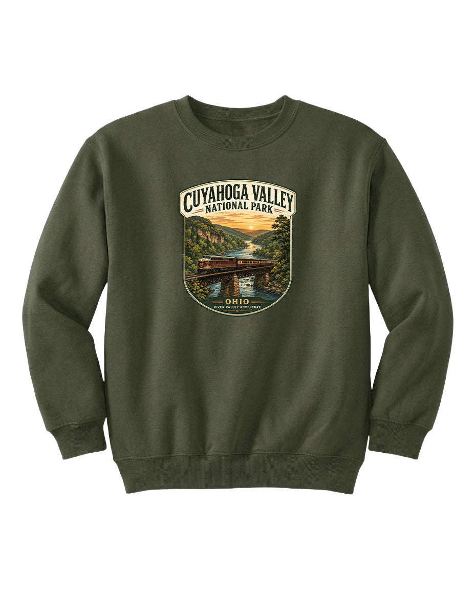 A green sweatshirt with a graphic design depicting a scenic view of the Cuyahoga Valley National Park in Ohio.