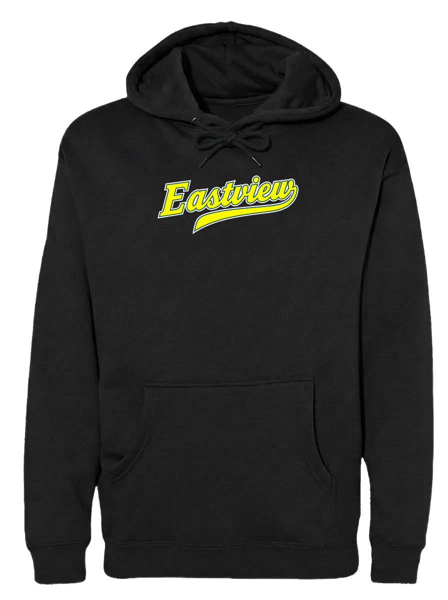 A black hoodie with the word "Eastview" printed in yellow on the front.