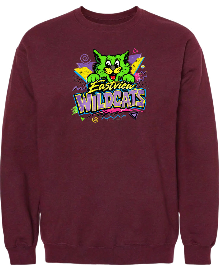 A burgundy sweatshirt with a colorful graphic design featuring a cartoon cat and the text "Eastview Wildcats".