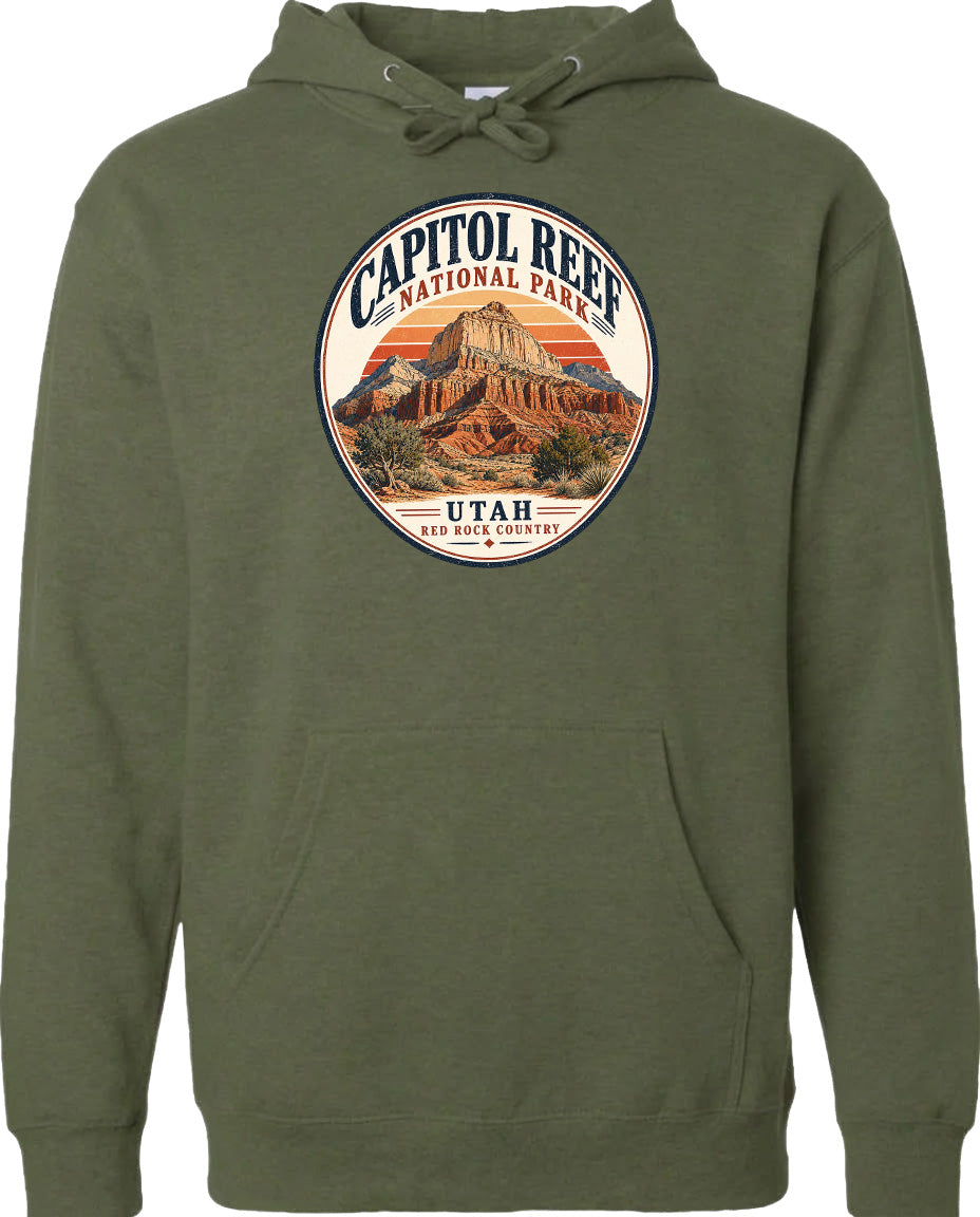 A hoodie with a circular graphic design featuring the Capitol Reef National Park in Utah.