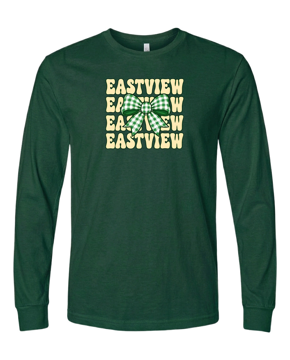 A dark green long-sleeved t-shirt with a graphic design featuring the text "EASTVIEW" repeated in a vertical orientation, with a green and white bow in the center.
