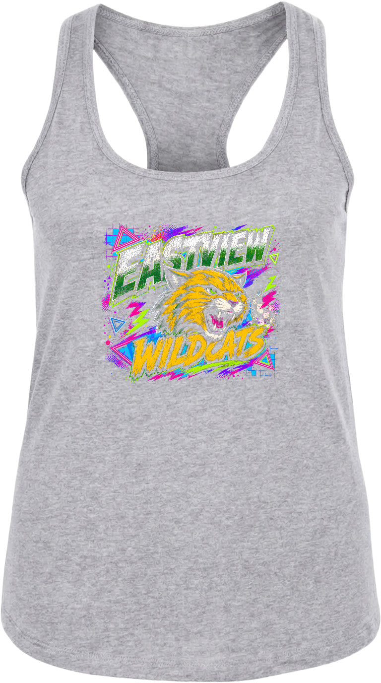 A gray tank top with a graphic design featuring a yellow and green lion-like creature and the text "EASTVIEW WILDCATS" printed on it.