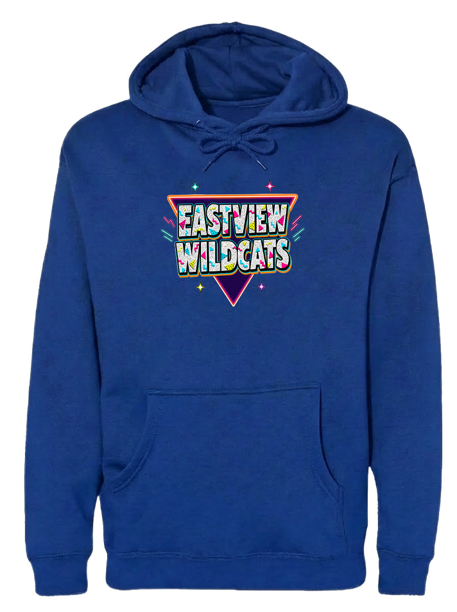 A blue hoodie with a graphic design featuring the text "EASTVIEW WILDCATS" in a colorful, retro-style font.