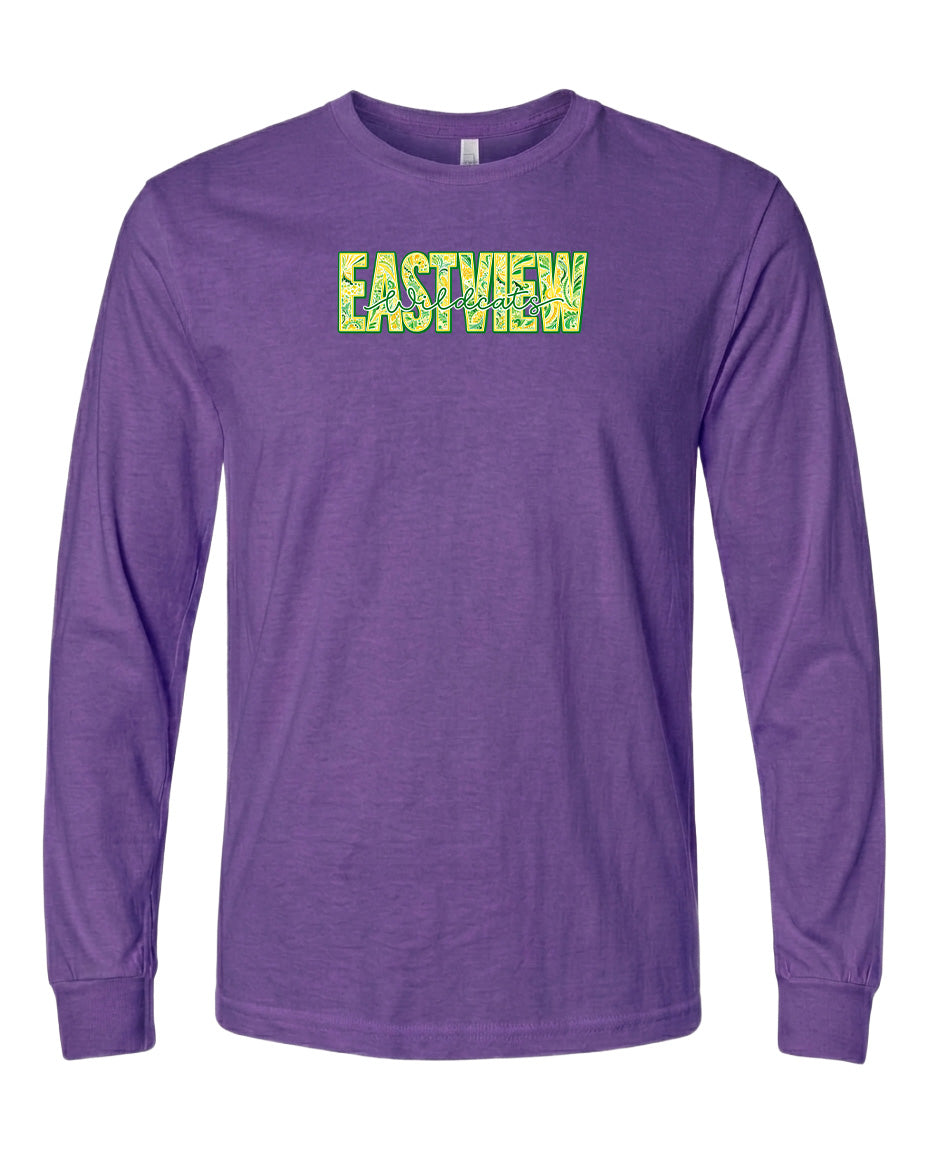 A purple long-sleeved t-shirt with the text "EASTVIEW" printed on it in a stylized font.