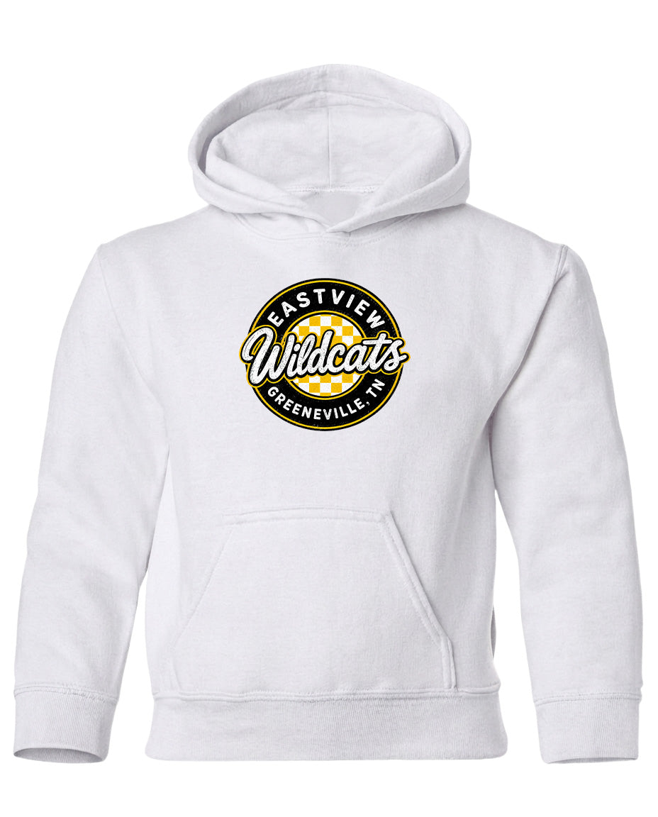 A white hoodie with a logo on the front.