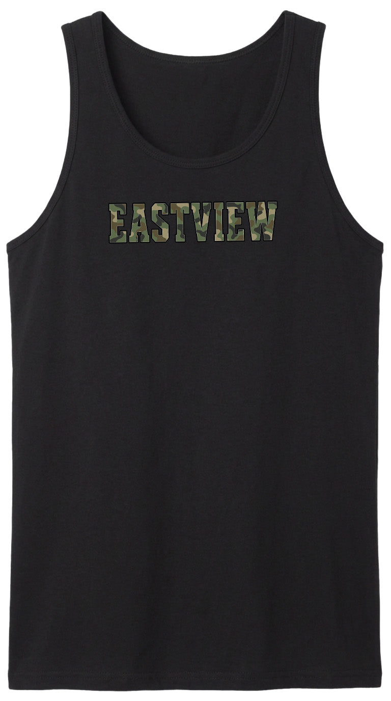 A black tank top with the word "EASTVIEW" printed on it in a camouflage pattern.
