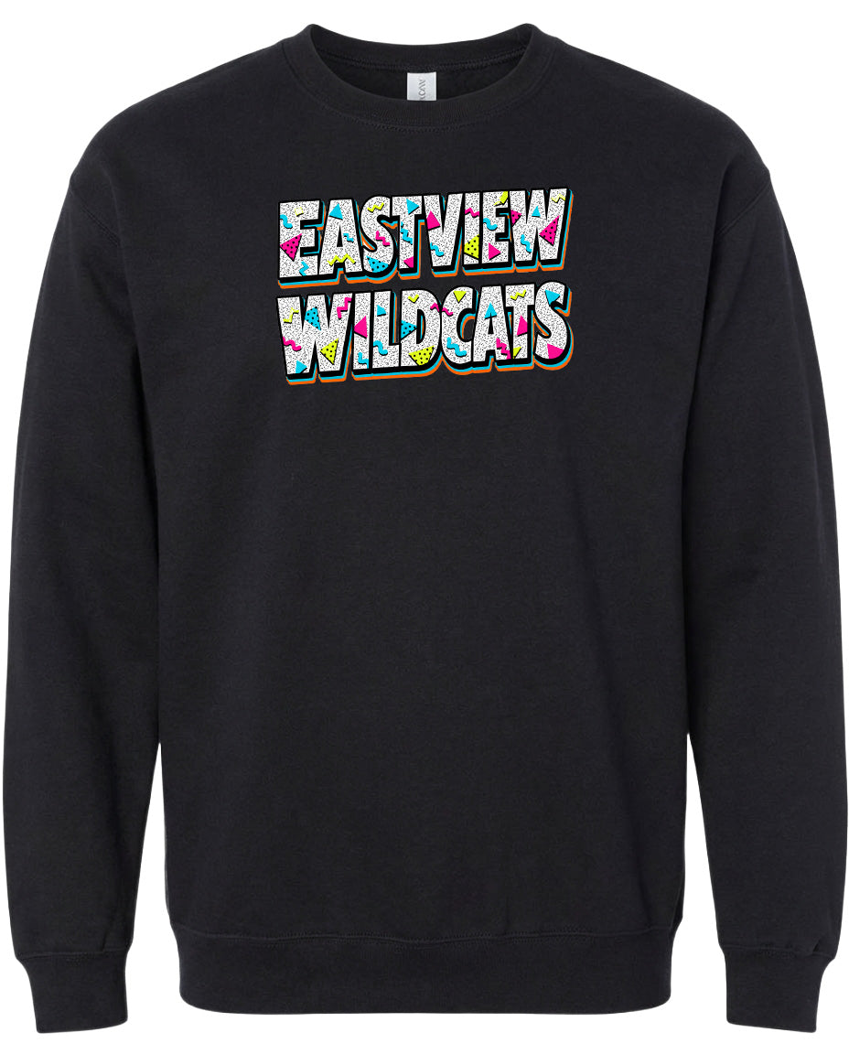 A black sweatshirt with the text "EASTVIEW WILDCATS" printed on it in a colorful, stylized font.
