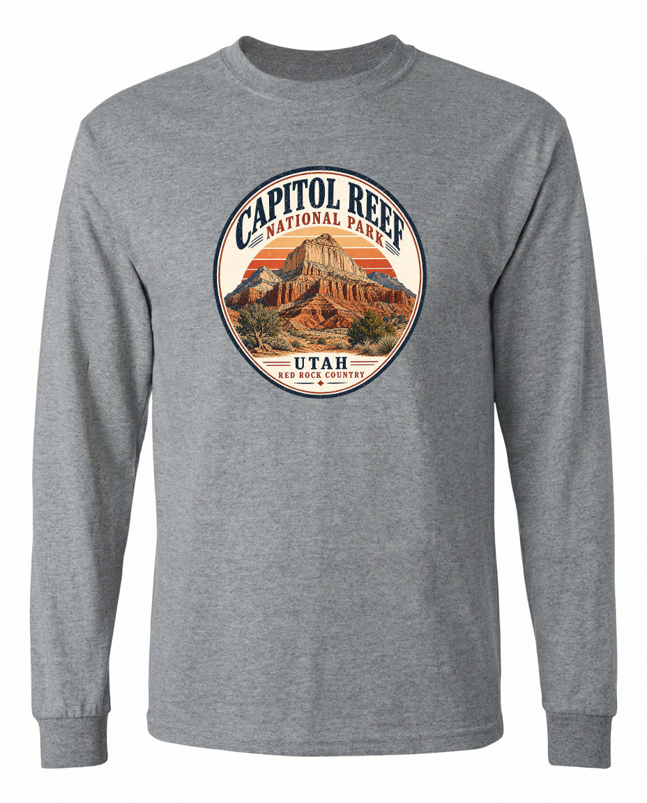 A gray long-sleeved t-shirt with a circular graphic design featuring the Capitol Reef National Park in Utah.