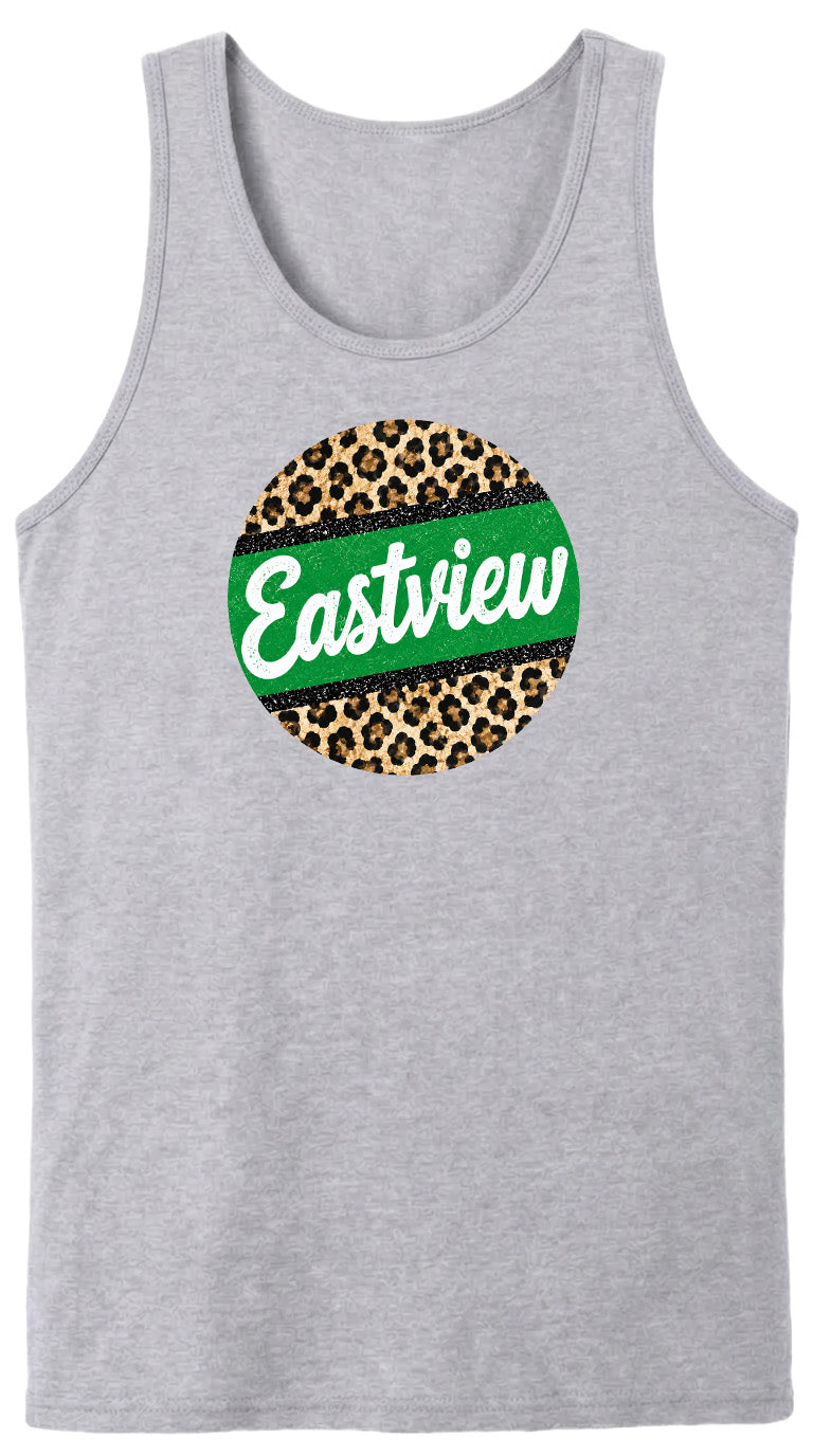 A gray tank top with a circular design featuring a leopard print pattern and the word "Eastview" written in white text.