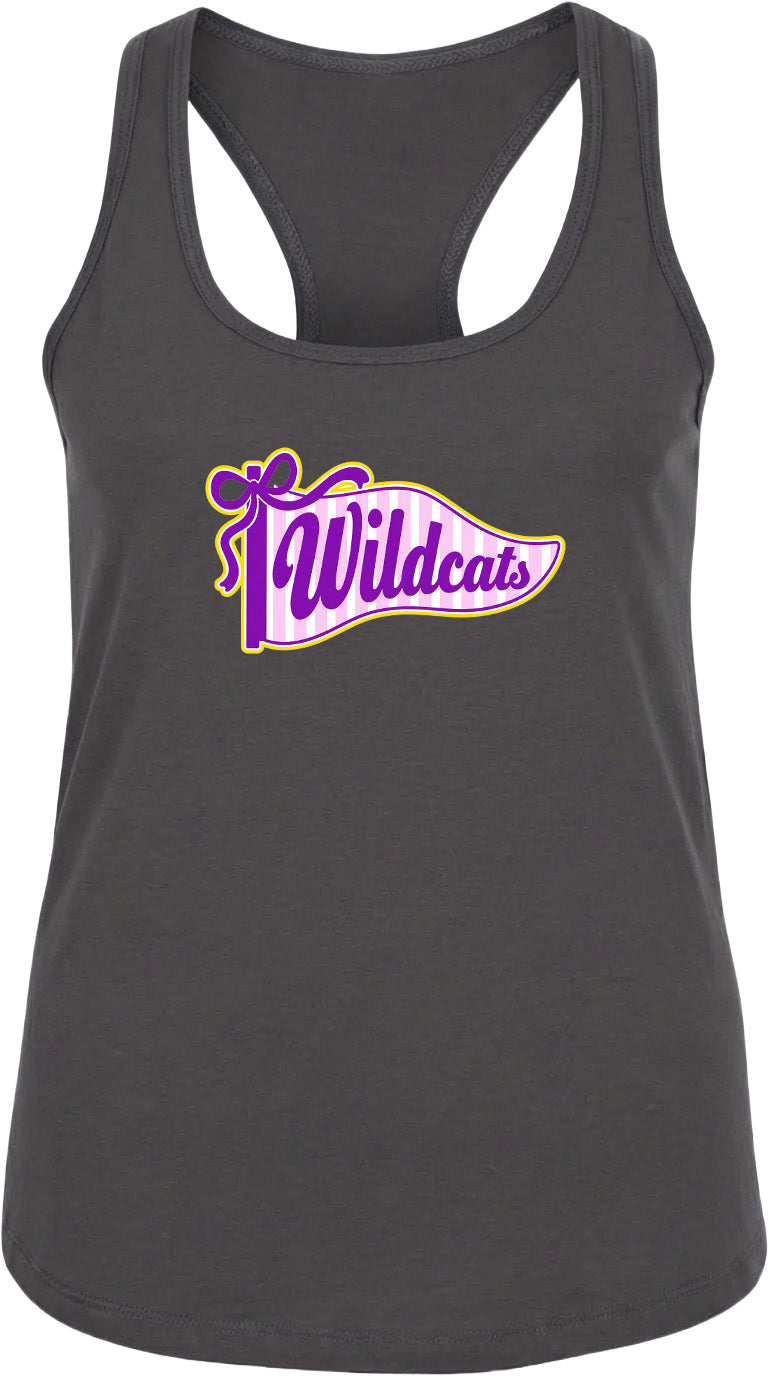 A gray tank top with a purple and yellow graphic design featuring the text "Wildcats" on it.