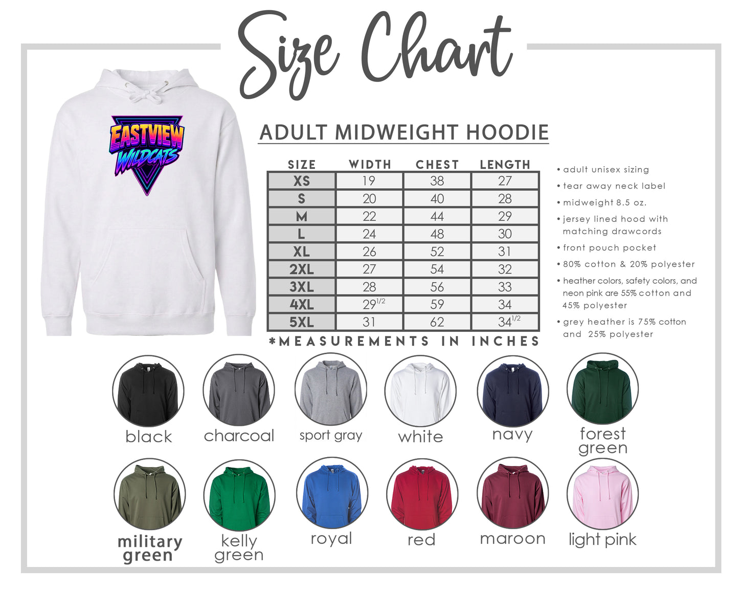 The image is a size chart for an adult midweight hoodie, including various color options and corresponding measurements in inches.