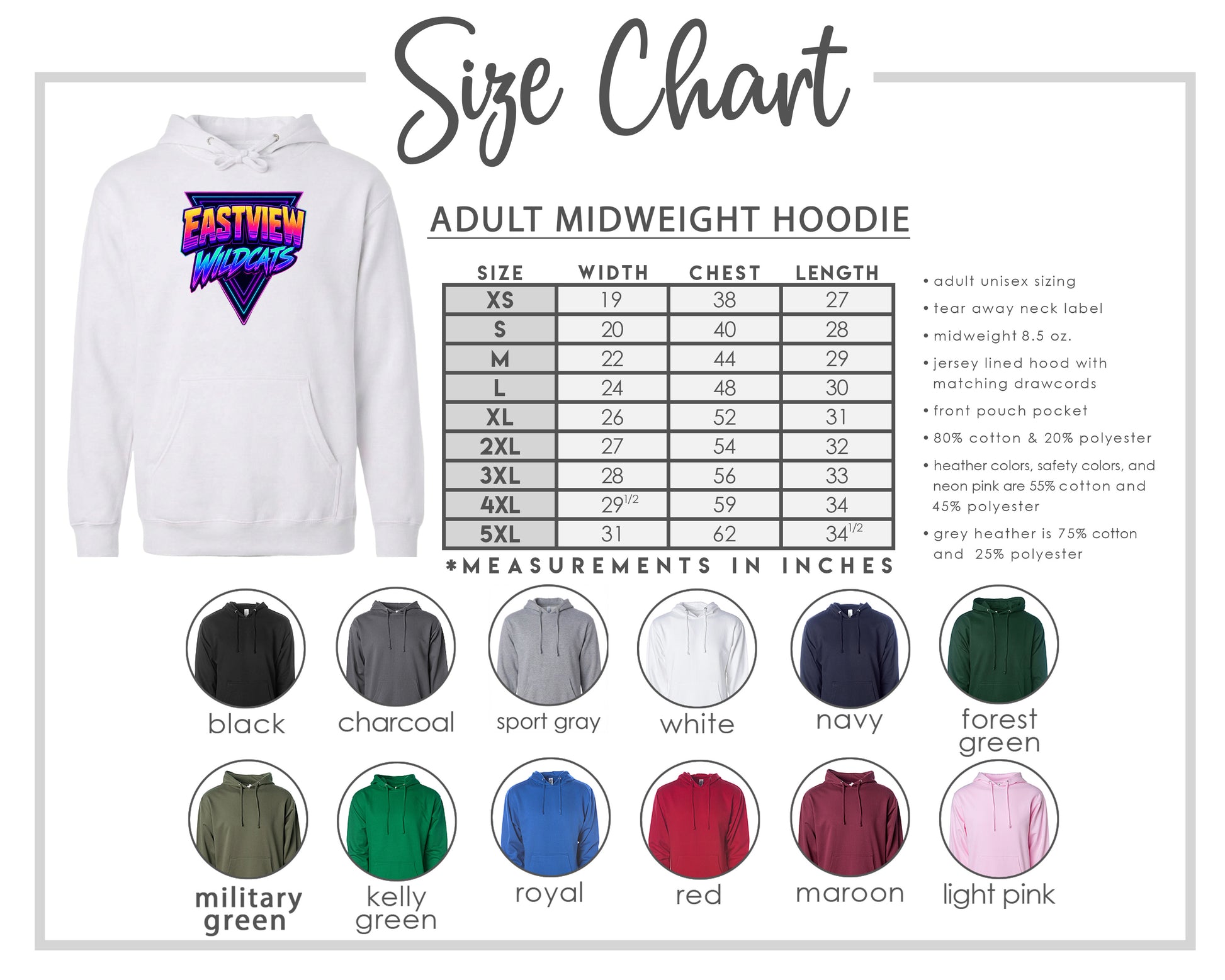 The image is a size chart for an adult midweight hoodie, including various color options and corresponding measurements in inches.