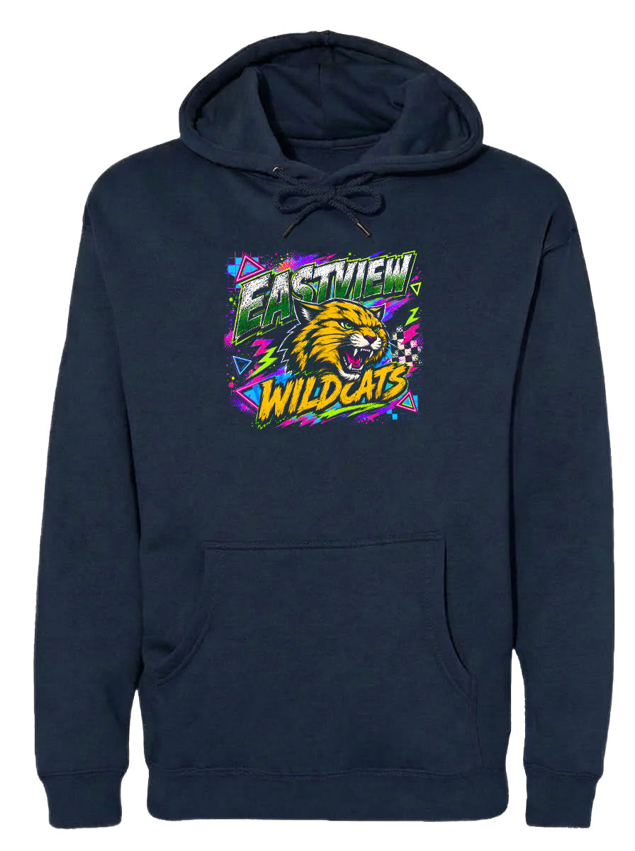A navy blue hoodie with a graphic design featuring a yellow and black cat's head surrounded by colorful geometric shapes and the text "EASTVIEW WILDCATS".