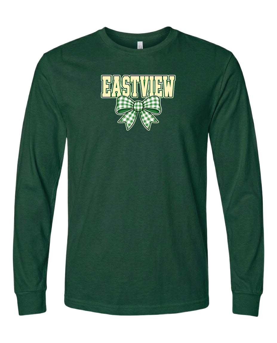A dark green long-sleeved t-shirt with a white and green bow graphic and the word "EASTVIEW" printed on it.