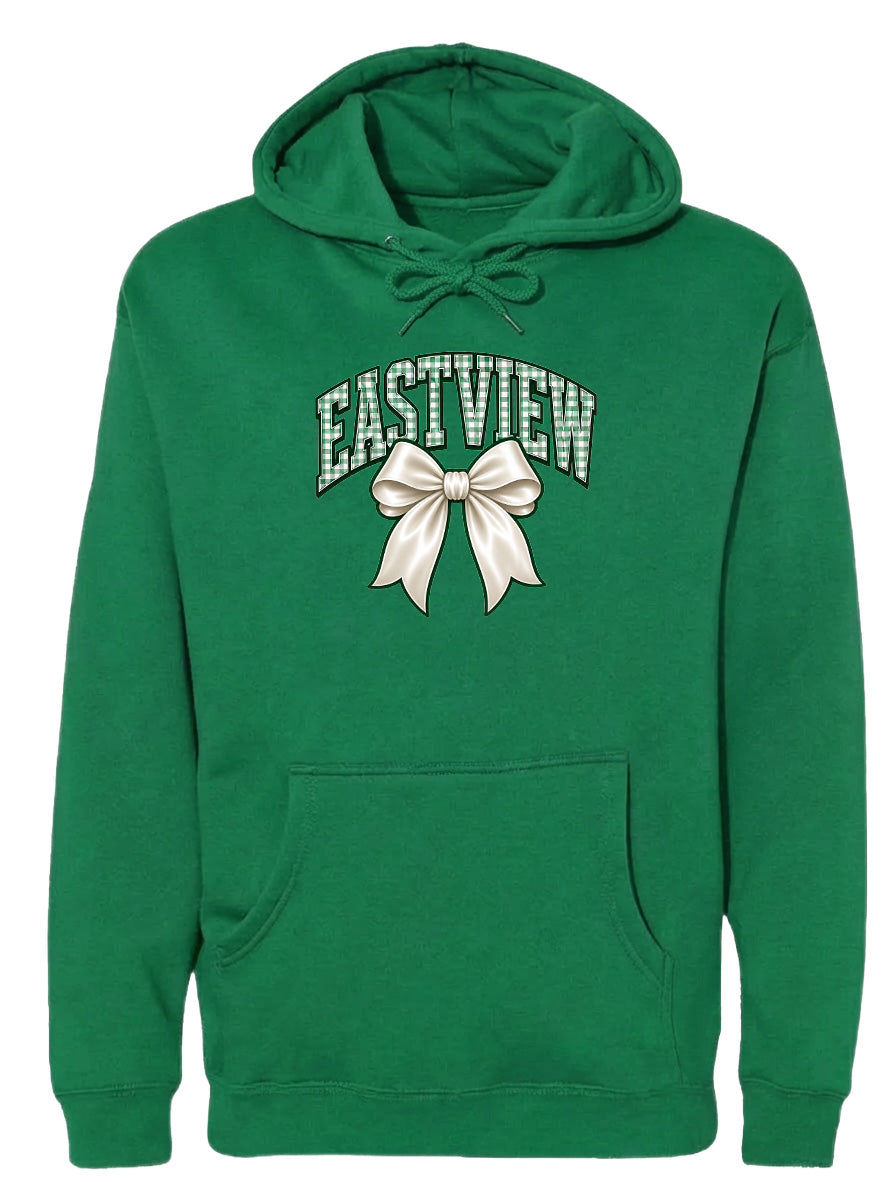 A green hoodie with a white bow on the front.