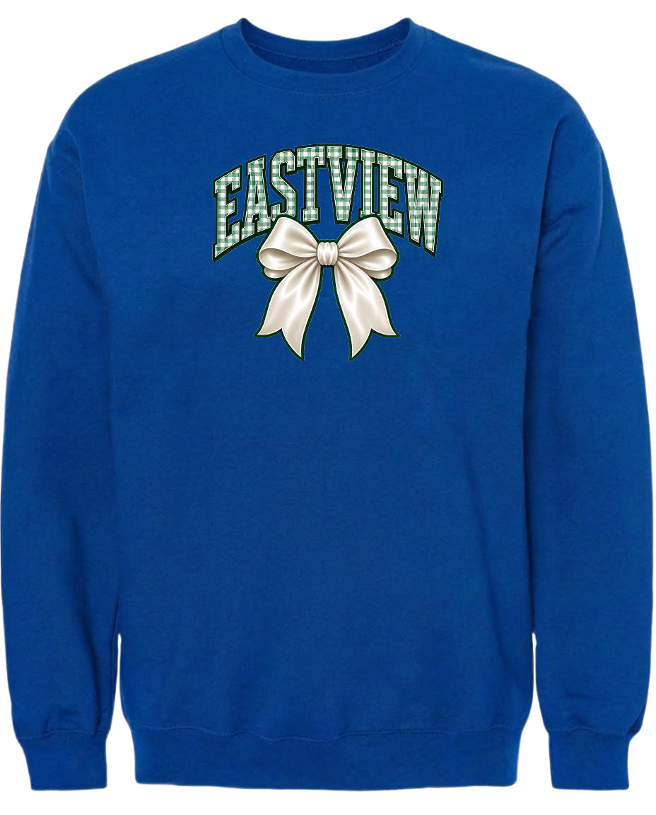 A blue sweatshirt with a white bow and the word "EASTVIEW" printed on it.