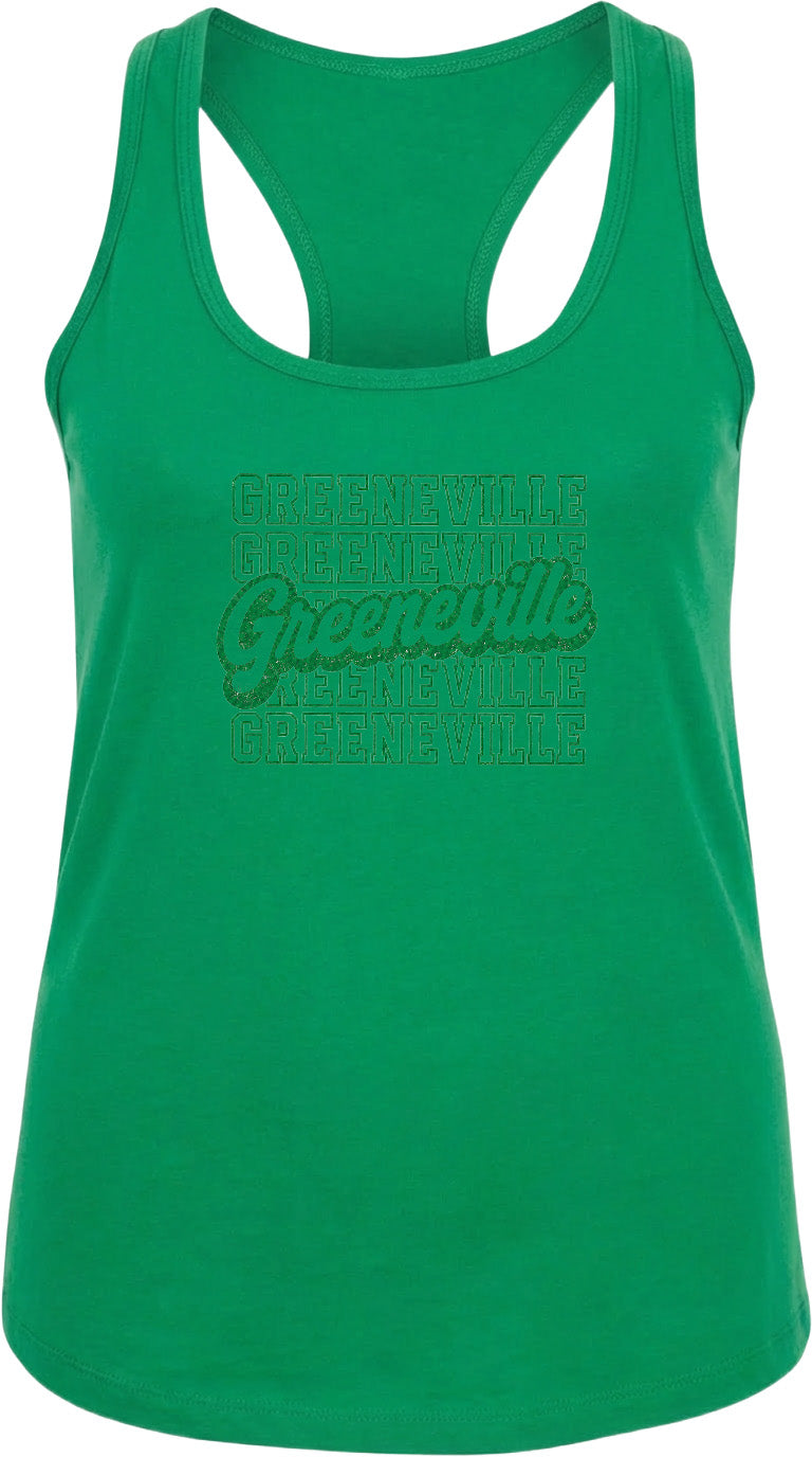 A bright green tank top with the text "Greenville" printed on it.