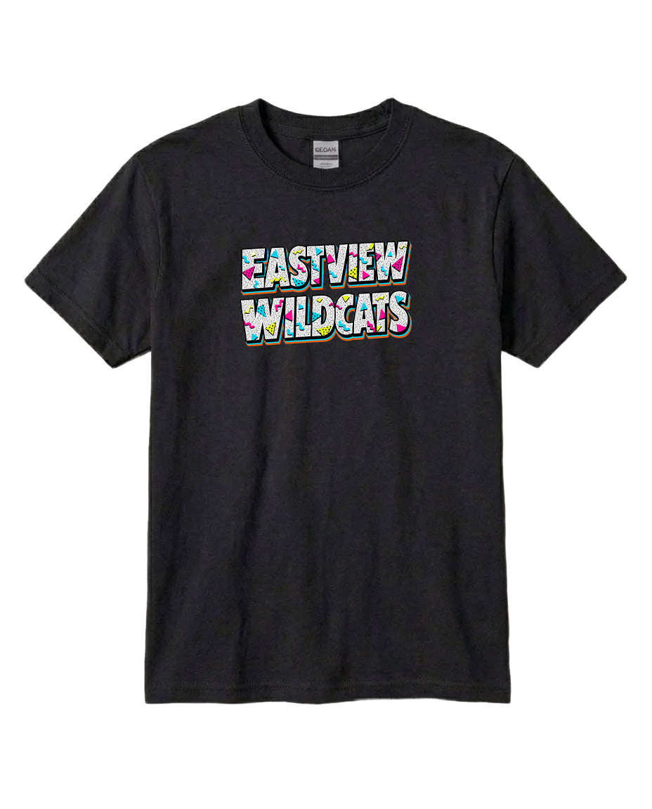 A black t-shirt with the text "EASTVIEW WILDCATS" printed on it in a colorful, stylized font.