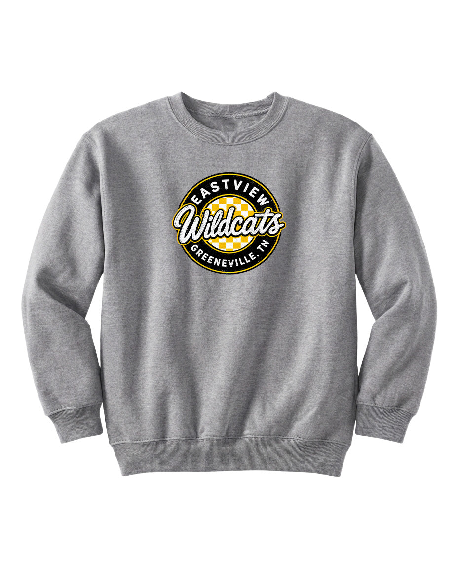 A gray sweatshirt with a circular logo on the front.