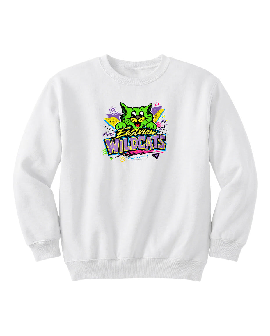 A white sweatshirt with a colorful graphic design featuring a cartoon cat and the text "Eastview Wildcats".
