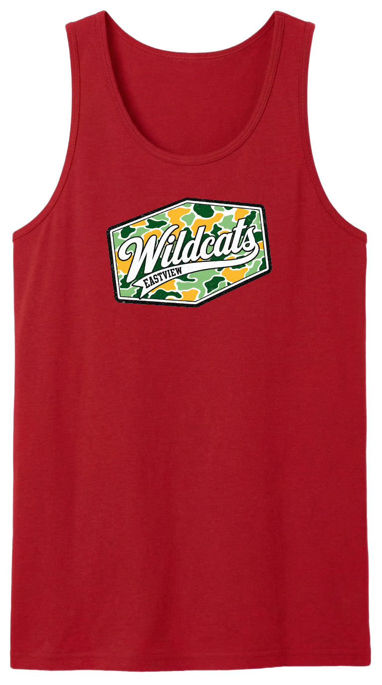A red tank top with a graphic design featuring the text "Wildcats" and "Easyview" printed on it.