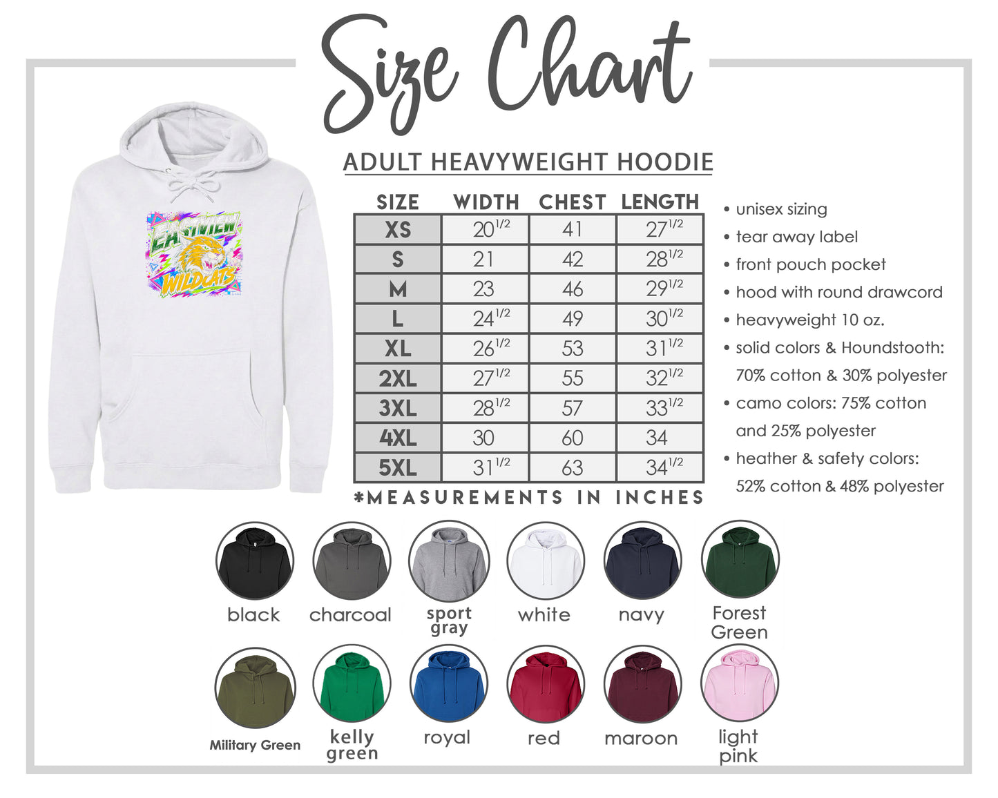 The image is a size chart for an adult heavyweight hoodie, showing the different sizes available and their corresponding measurements in inches.