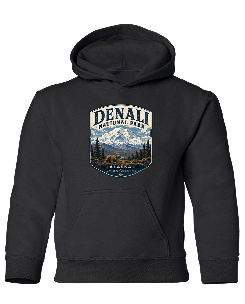 A black hoodie with a graphic design featuring a mountain landscape and the text "DENALI NATIONAL PARK ALASKA" printed on it.
