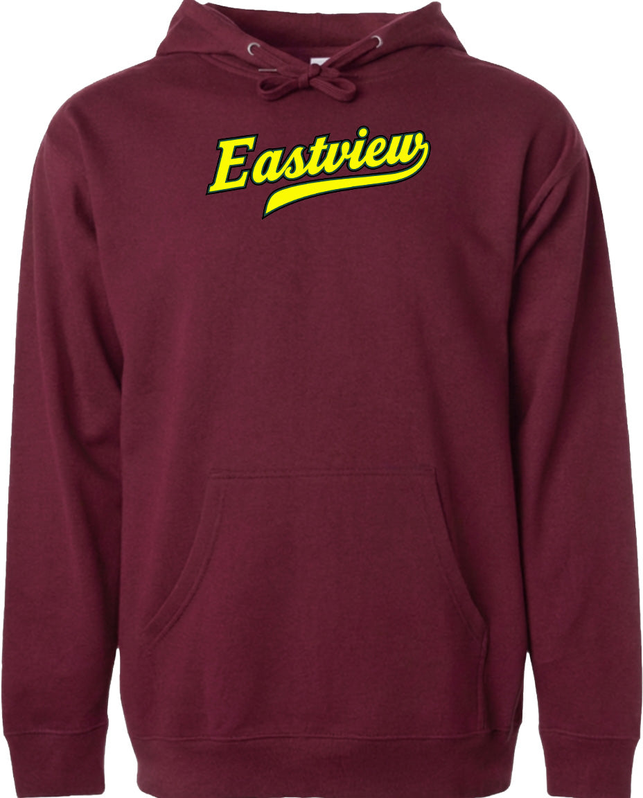 A burgundy-colored hoodie with the word "Eastview" printed in yellow on the front.