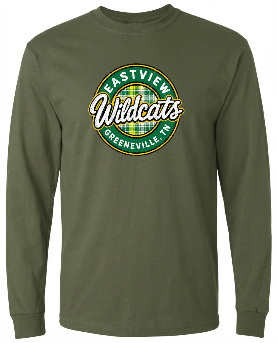 A long-sleeved olive green t-shirt with a circular logo on the front. The logo features the text "EASTVIEW Wildcats Greeneville TN" in a stylized font.