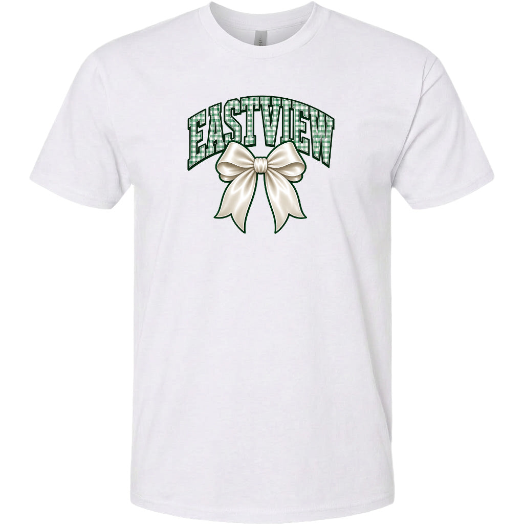 A white t-shirt with a graphic design featuring a bow and the word "EASTVIEW" printed on it.