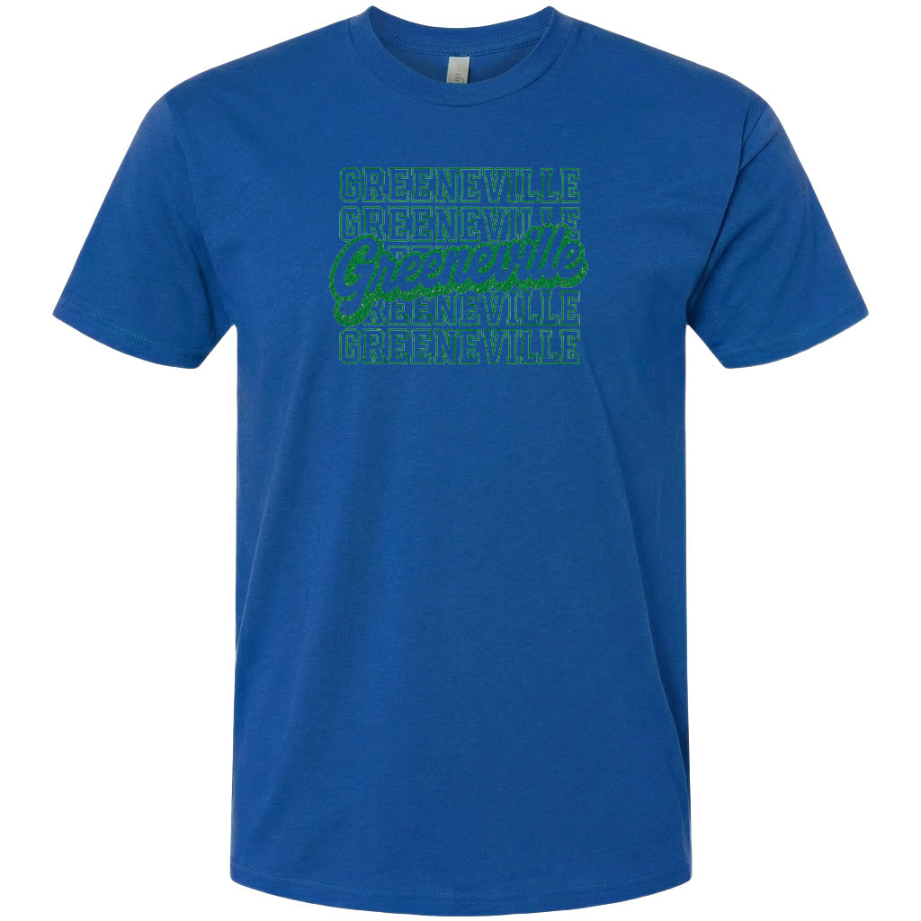 A blue t-shirt with a graphic design featuring the text "Greenville" repeated in a pattern across the front.