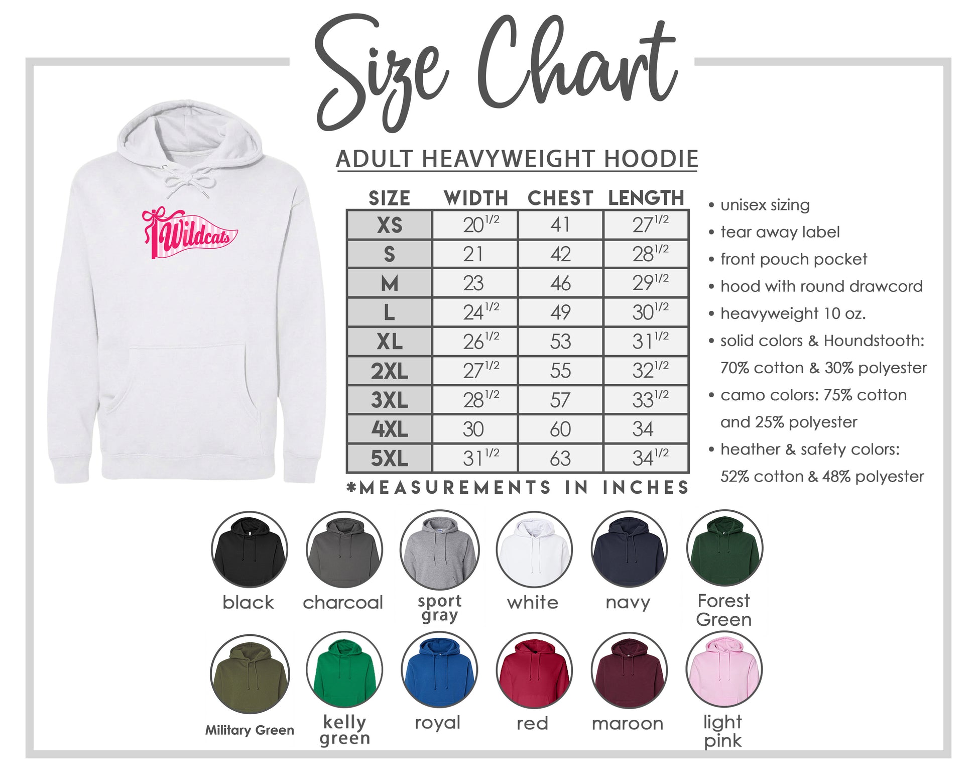 The image is a size chart for an adult heavyweight hoodie, showing the different sizes available and their corresponding measurements in inches.