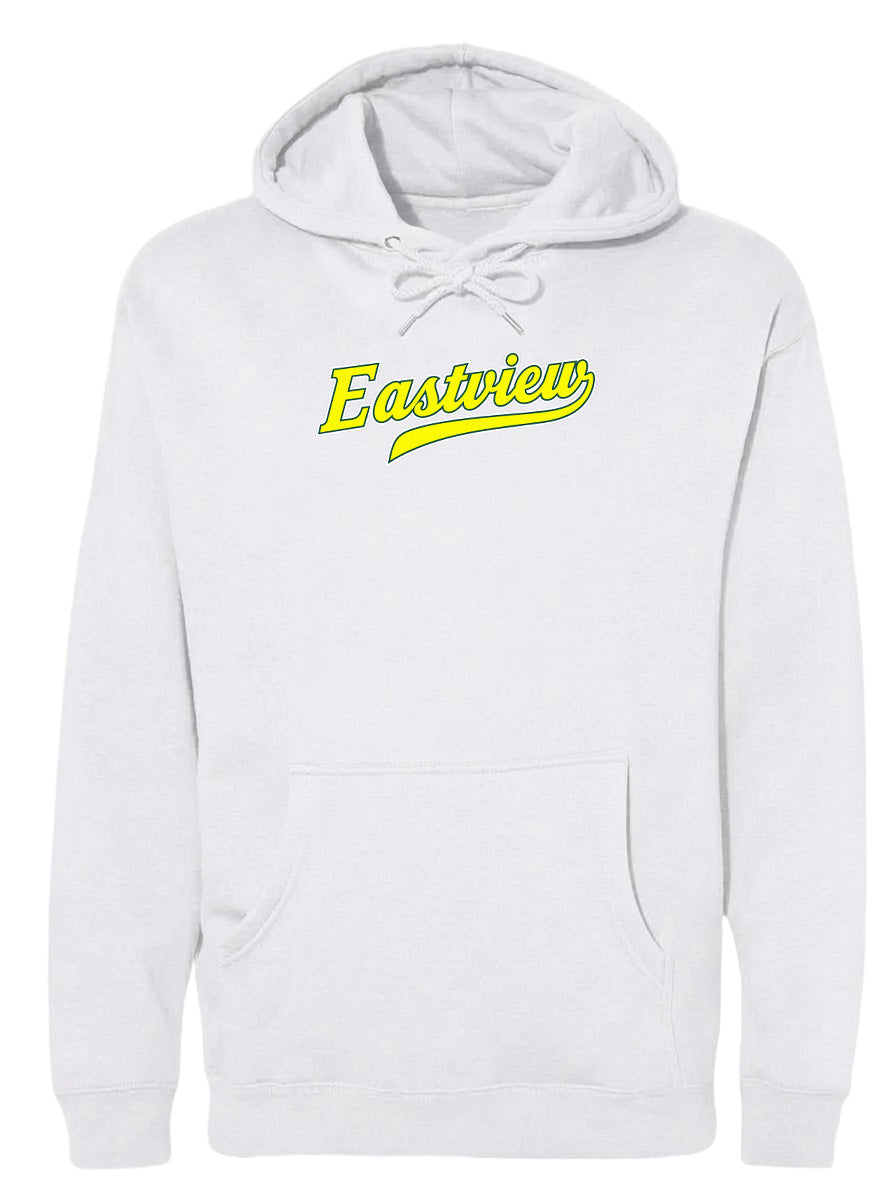 A white hoodie with the word "Eastview" printed in yellow on the front.